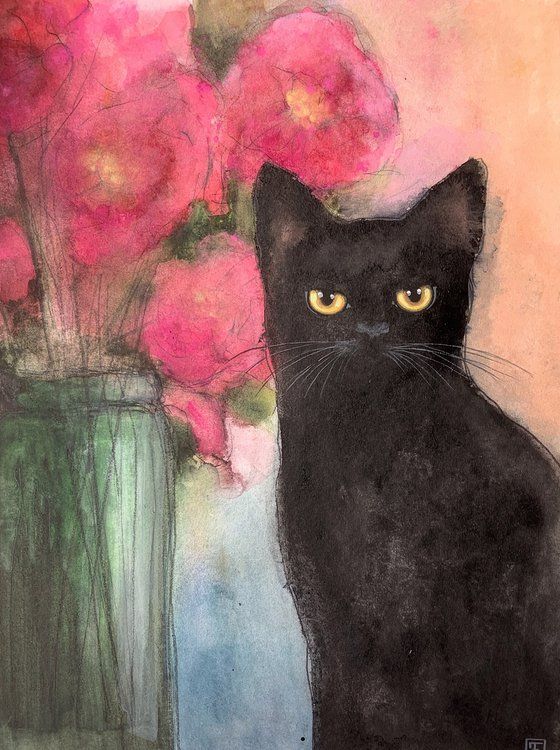 a painting of a black cat sitting next to a vase with pink flowers in it