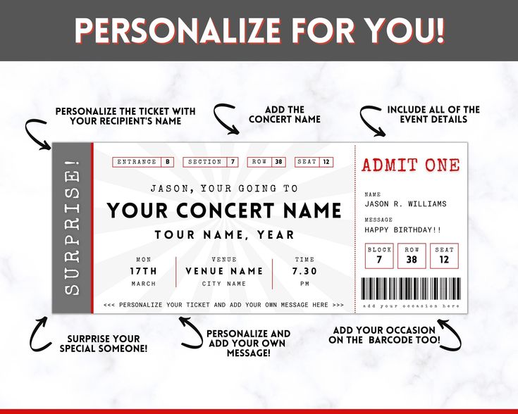 a red and white ticket with the words, personalize for you