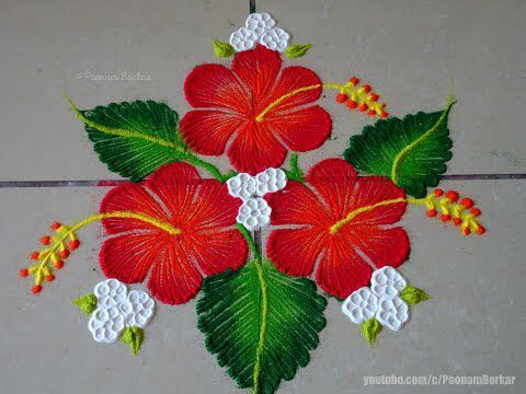 a red flower with green leaves and white flowers on it is painted on the floor