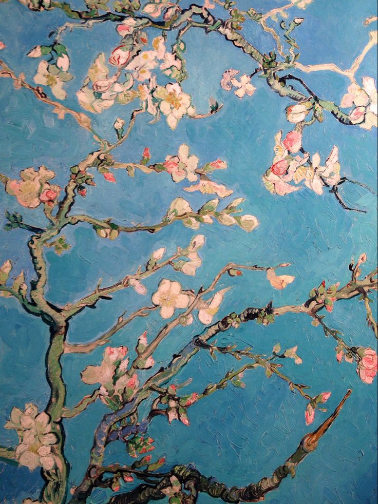 an image of a painting with flowers on it's branches and sky in the background