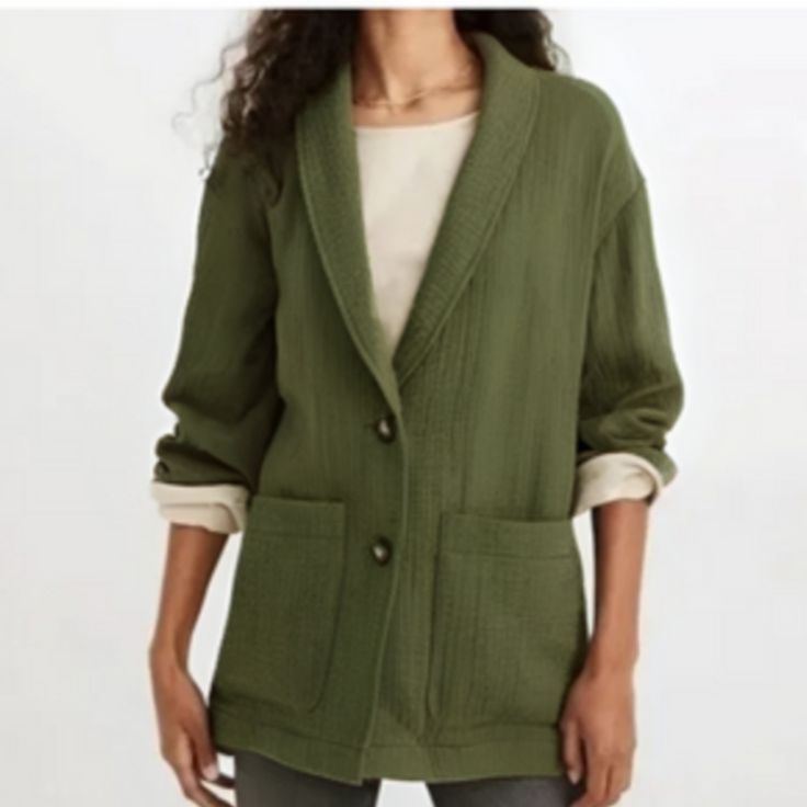 Madewell | Dorset Lightspun Green Blazer Nwot *Dark Olive Green *Shawl Collar *Oversized Patch Pockets *Two Button Front Closure *Super Soft And Lightweight Lightspun Double Gauze Material *Relaxed Fit *100% Cotton *Size Small *Brand New Without Tags. Never Worn. No Flaws. Shoulder To Bottom: Approx.28" Underarm To Underarm: Approx 21" Green Cotton Outerwear For Daywear, Cotton Blazer For Fall Layering, Cotton Blazer For Layering In Fall, Casual Green Outerwear For Daywear, Green Shawl, Madewell Jacket, Green Blazer, Dark Olive Green, Double Gauze