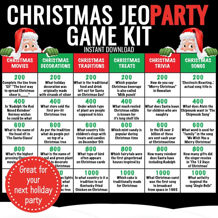 the christmas jeo party game kit is shown with an image of santa claus on it