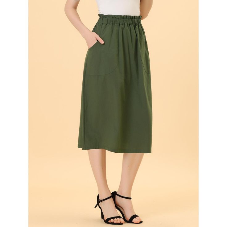 Remember the good times in this cotton A-line midi skirt.Simple and delicate, this skirt features elastic waist, slash pocket, solid color, cotton fabric, A-line, and midi length. From Monday to Sunday, this skirt is effortless to throw on. With the design of elastic waist, this skirt is easy to wear for all kinds of body shapes. Pair perfectly with a T-shirt or shirt for a stylish look. Casual Cotton Skirt With Pleated Waist, Green Cotton Skirt With Pockets, Spring Maxi Skirt With Pockets For Daywear, Green Cotton Casual Maxi Skirt, Solid Cotton Skirt With Pockets, Casual Full Cotton Skirt, Casual Green Full Skirt, Daywear Flared Skirt With Pockets, Green Knee-length Cotton Skirt