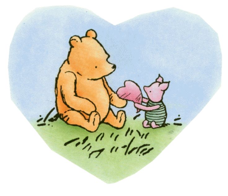 a drawing of a teddy bear and piggy on the grass with a heart shaped background