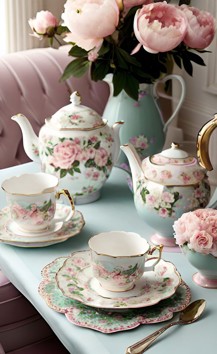 a table topped with pink flowers and tea cups