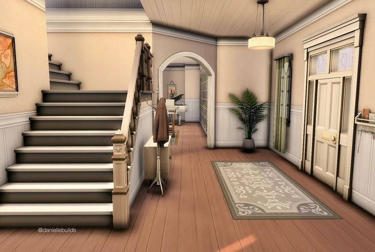 an artist's rendering of a hallway with stairs and potted plant