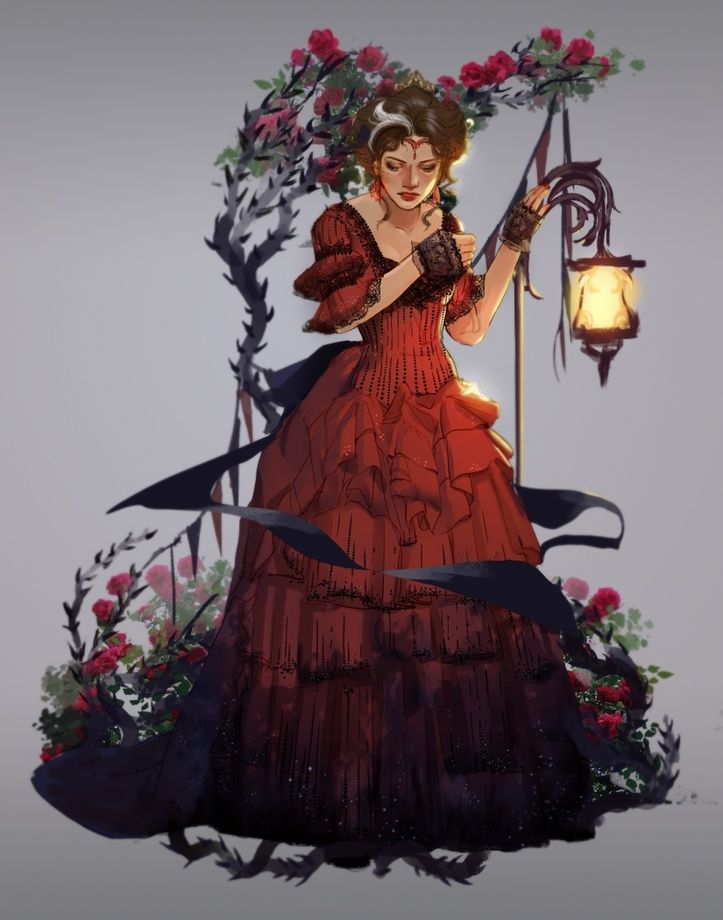 a drawing of a woman in a red dress holding a lantern with roses on it