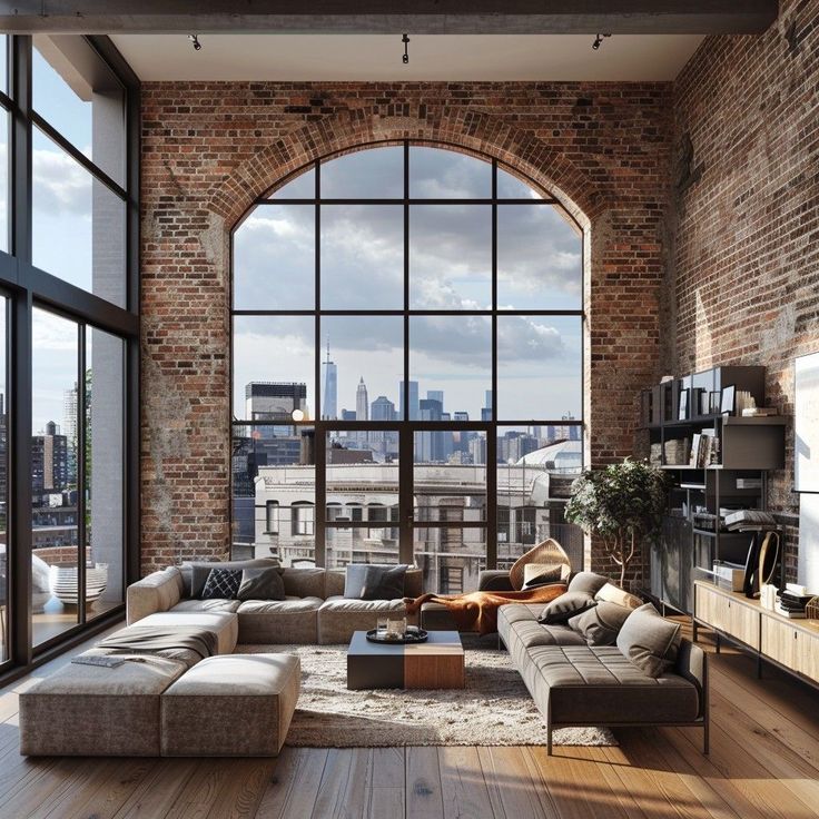 an open living room with large windows overlooking the city