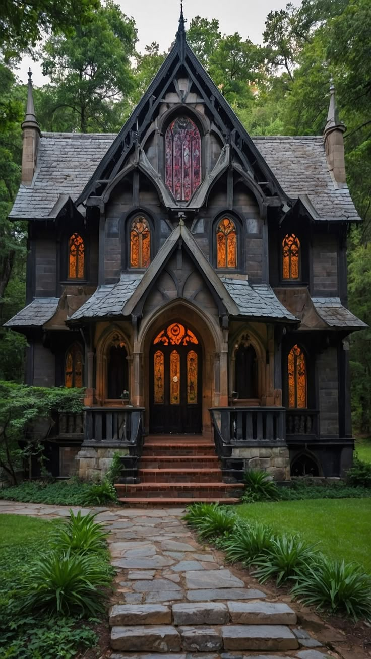 an old style house with stone steps leading up to the front door and entry way