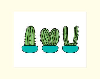 three green cactuses in blue bowls on a white background with the word succulent written