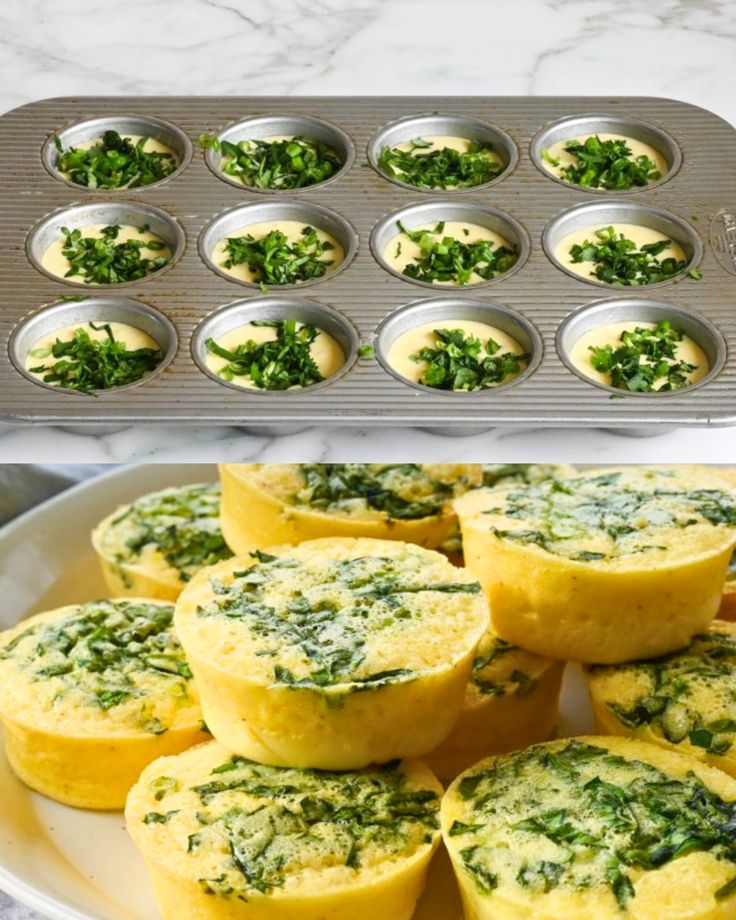 several muffins with spinach and cheese in them on a plate next to a muffin tin