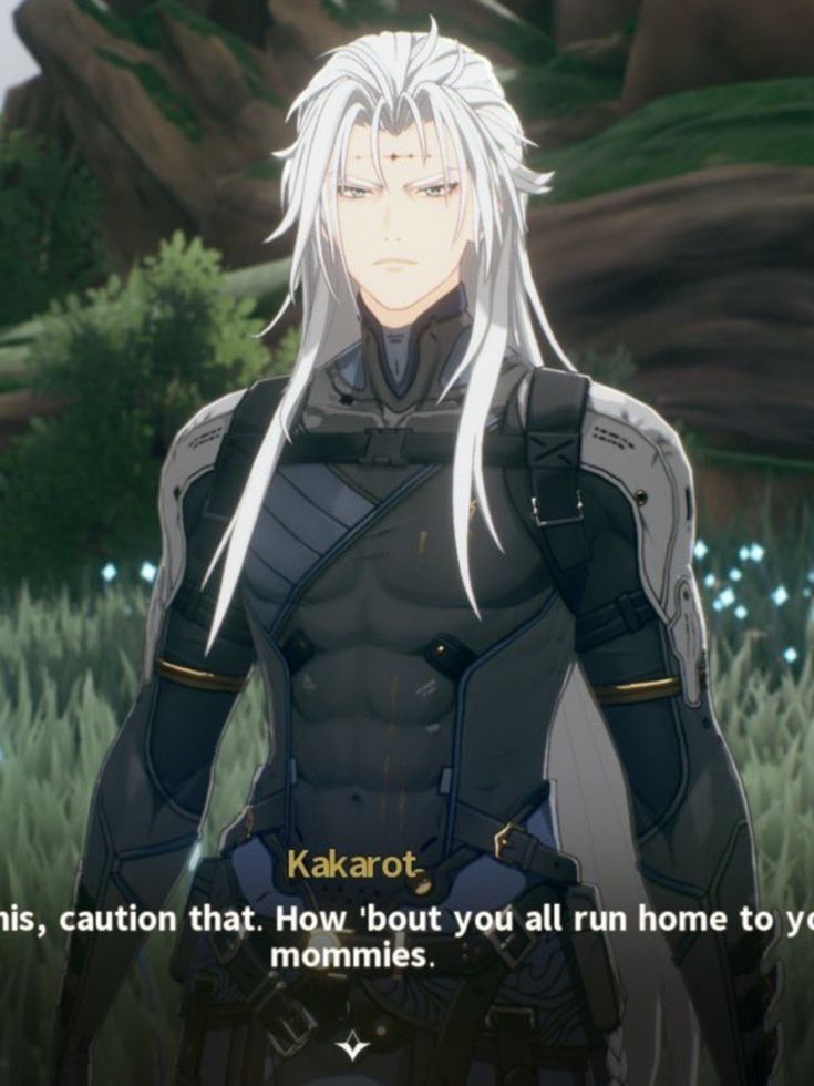 an anime character with long white hair standing in the grass