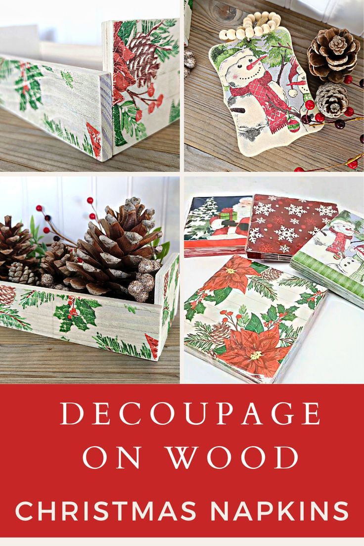 christmas napkins in a wooden box with pine cones