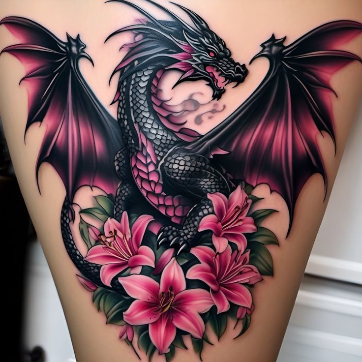 a woman's thigh with a dragon and flowers on it