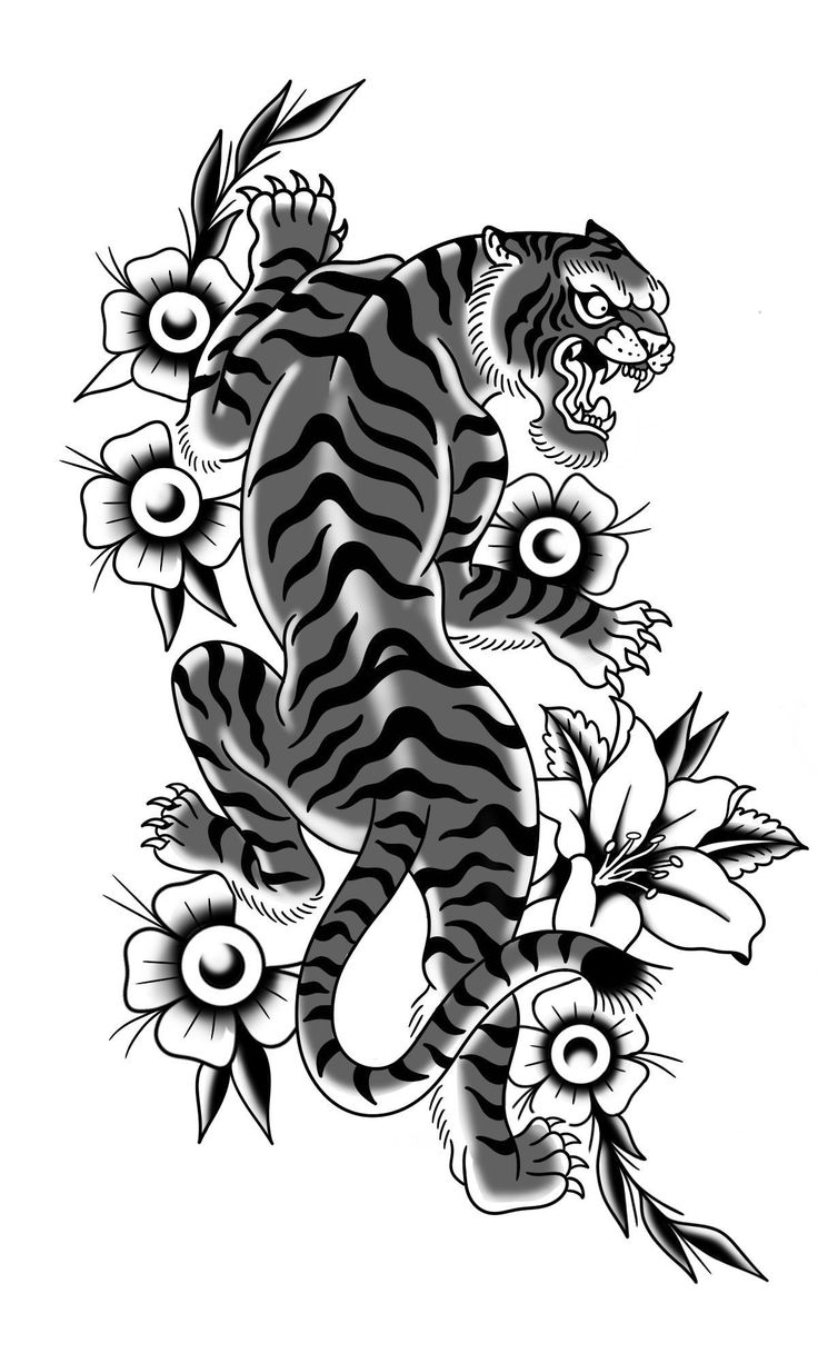 a black and white drawing of a tiger with flowers on it's back side