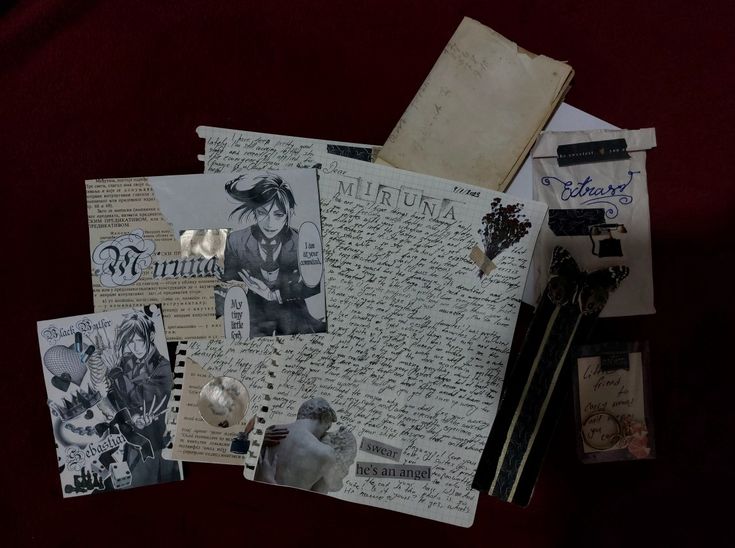 several pieces of paper with pictures and writing on them