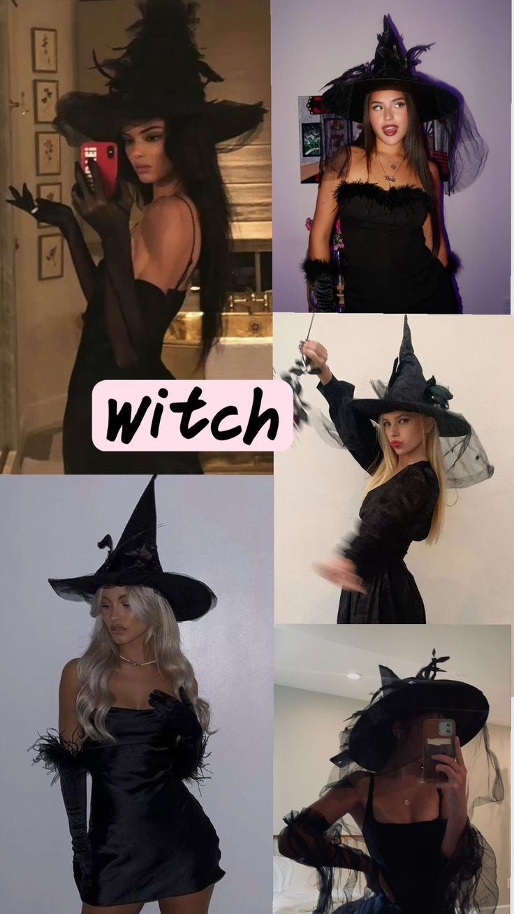 a collage of photos with witches in black dresses and hats on their heads, one woman holding a cell phone while the other is wearing a witch's hat