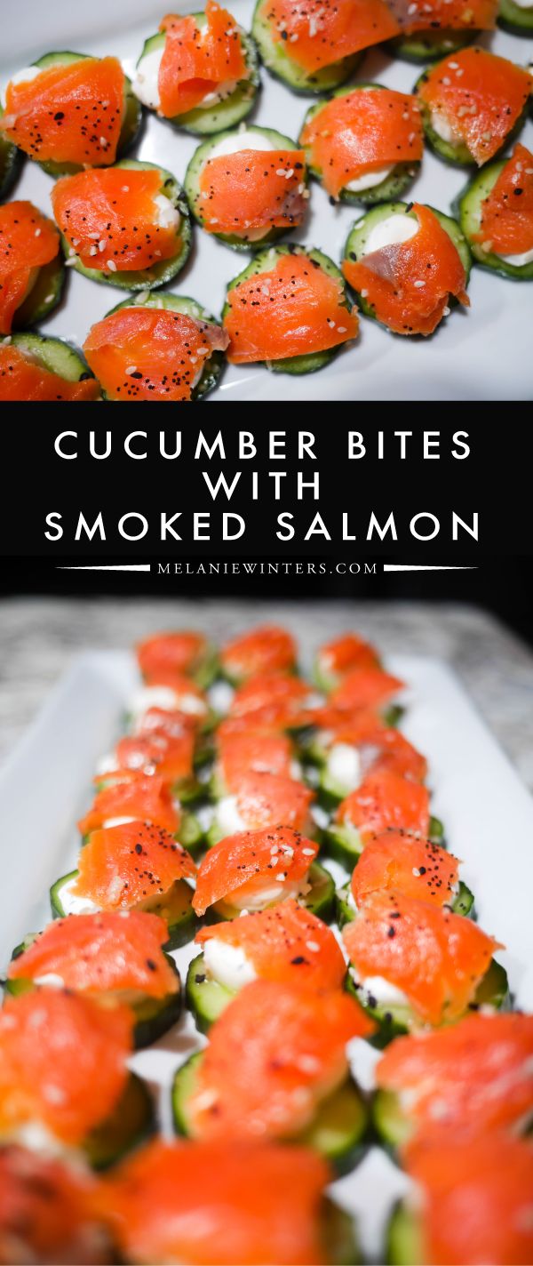 cucumber bites with smoked salmon on a white platter and black text overlay