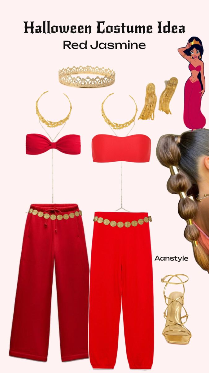 an image of halloween costume ideas for red jeans and gold necklaces on the clothes