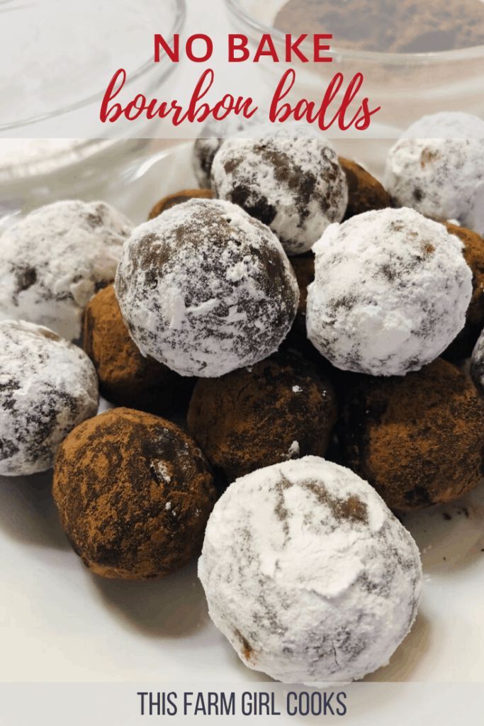 there are some brown and white balls on the plate with text overlay that says no bake bourbon balls