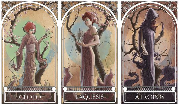 four tarot cards with three women in them