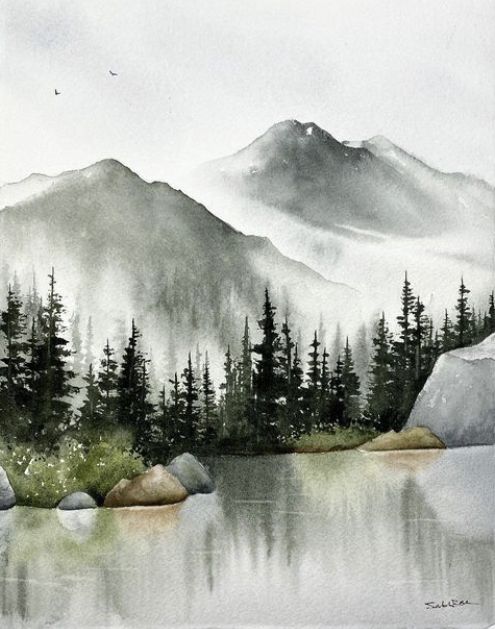 a watercolor painting of mountains, trees and rocks in front of a body of water