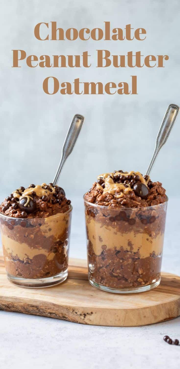 chocolate peanut butter oatmeal in two glass bowls with spoons on top