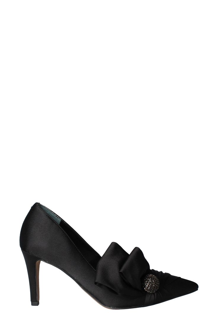 An oversized bow details the side of a glamorous pointy toe pump lofted by a slim heel. 3" heel Textile upper/synthetic lining and sole Imported Chic High Heels With Bow, Chic 4-inch Kitten Heels In Synthetic Material, Evening Pumps With 4-inch Heel And Round Toe, Chic Kitten Heels With Padded Heel For Gala, Fitted Heels With Satin Bow And Round Toe, Fitted Satin Bow Heels With Round Toe, Chic Formal Kitten Heels With Bow, High Heel Synthetic Heels With Bow, Chic Heels With Satin Bow For Formal Occasions