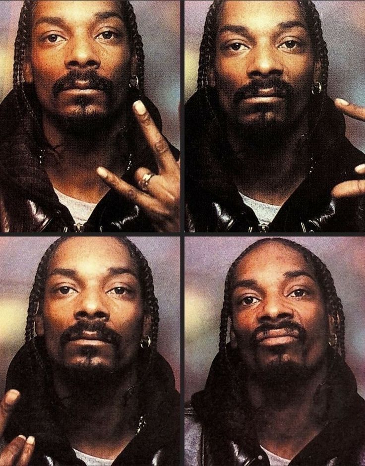 four pictures of a man with dreadlocks making the middle finger sign and pointing to his left