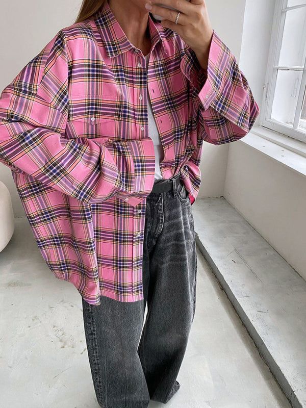 Oversized Plaid Shirts, Pink Plaid Shirt, Loose Fit Blouse, Long Sleeve Tops Casual, Women Street, Elegant Shirt, Pink Plaid, Basic Style, Oversized Shirt