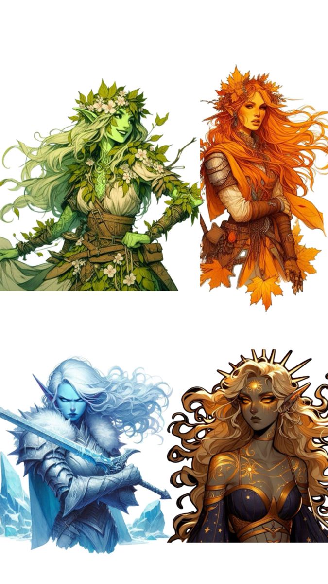 four different types of female characters with long hair and green leaves on their heads, one in