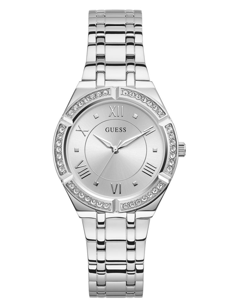 The perfect polished touch for any outfit, this silver-tone analog watch features a silver sunray dial and a crystal-encrusted bezel. Case diameter in mm: 36  Water resistant up to 30M/100ft  Two year limited warranty Guess Women Watches, Silver Watches Women, Guess Watch, Analog Watch, Metal Bracelets, Steel Watch, Watches Jewelry, Stainless Steel Bracelet, Silver Watch