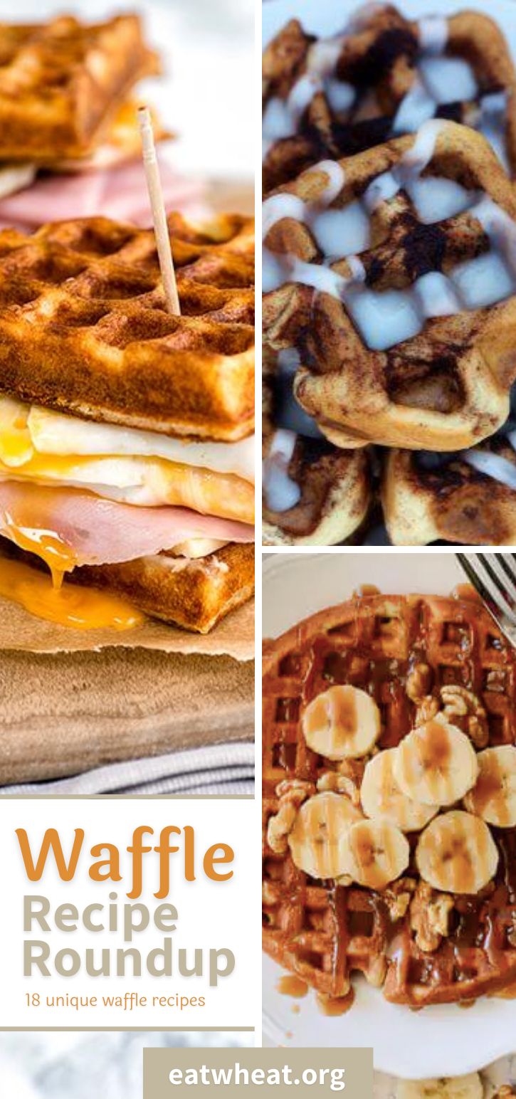 the waffle recipe roundup includes several different types of waffles and other breakfast foods