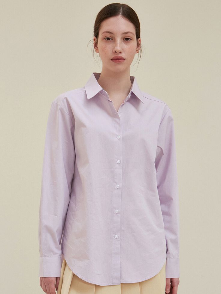 Editor's NotesThis product is a pastel collar shirt featuring soft colorways. It is made from a premium cotton material that provides a solid and smooth texture and is comfortable with a relaxed oversized fit and suitable for a variety of bottoms. - Pastel collar shirt- Soft colorways- Premium cotton material - Relaxed oversized fit Measurements(in.)Size: One Size(XS-M)- Shoulder: 17.32in.- Chest: 20.86in.- Sleeve: 22.83in.- Total Length: 27.95in. *Model info: Height 5' 54, Wearing a size One Composition & Care- Fabric: 100% Cotton- Dry Clean Designer- by YAN13 Purple Cotton Classic Style Tops, Classic Purple Cotton Tops, Pastel Long Sleeve Cotton Tops, Oversized Purple Workwear Tops, Oversized Purple Tops For Work, Oversized Lavender Cotton Top, Everyday Lavender Cotton Tops, Purple Cotton Daywear Blouse, Purple Cotton Shirt With Spread Collar