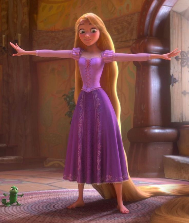 the princess from tangled in purple is standing on a rug with her arms outstretched out