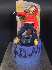 a cake with a girl on top of it and music notes around the edges,