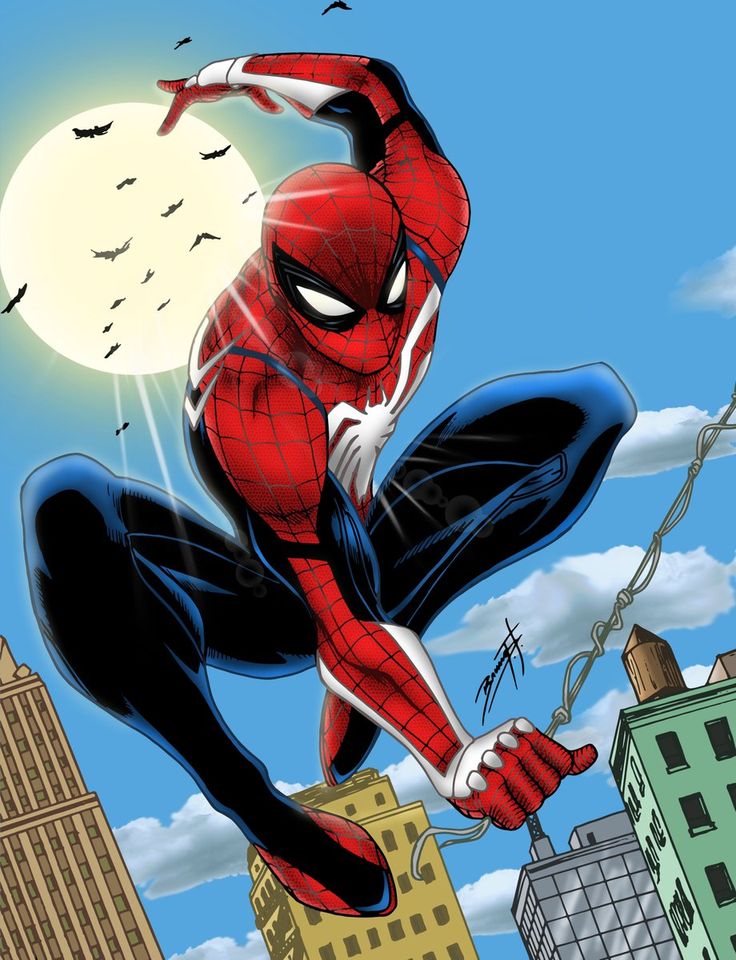 spider - man flying through the air in front of a full moon and cityscape