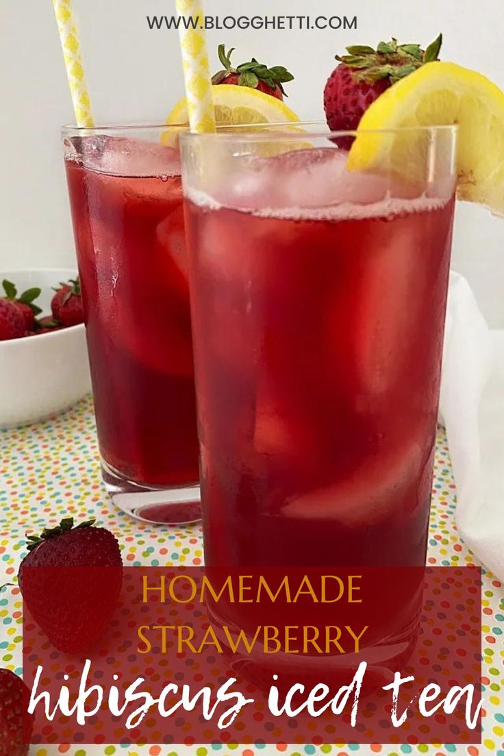 homemade strawberry hibiscus iced tea with strawberries and lemons on the side