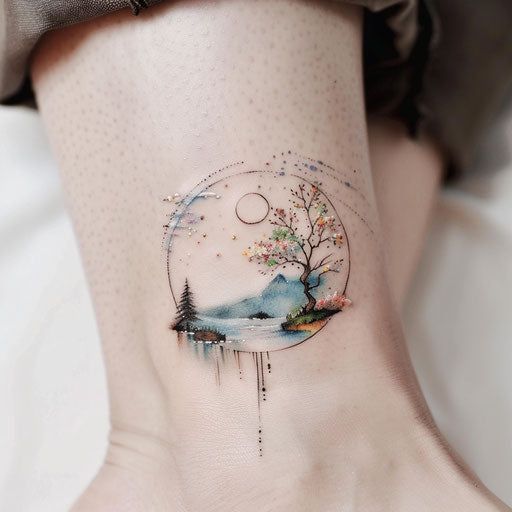 a woman's foot with a watercolor landscape tattoo on the side of her leg