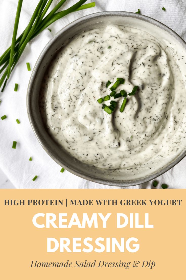 Main photo is a close up image of Creamy Dill Salad Dressing. Text says, "High Protein, made with Greek Yogurt, Creamy Dill Dressing, Homemade salad dressing and dip. Protein Salad Dressing, Creamy Dill Salad, Dill Salad Dressing Recipe, Dill Salad Dressing, Greek Yogurt Salad Dressing, Creamy Dill Dressing, High Protein Salad, Keto Sauce, Dill Salad