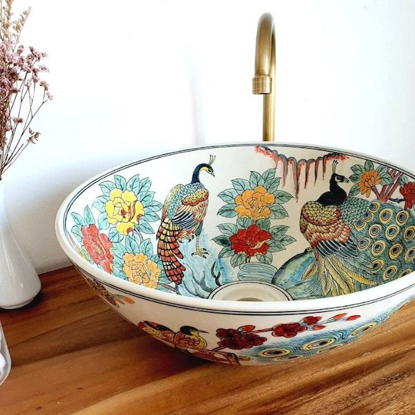 Ceramic Sink Bathroom, Clay Sinks, Bathroom Sink Countertop, Colored Sinks, Counter Top Sink Bathroom, Moroccan Sink, Portable Sink, Moroccan Pottery, Copper Bathroom