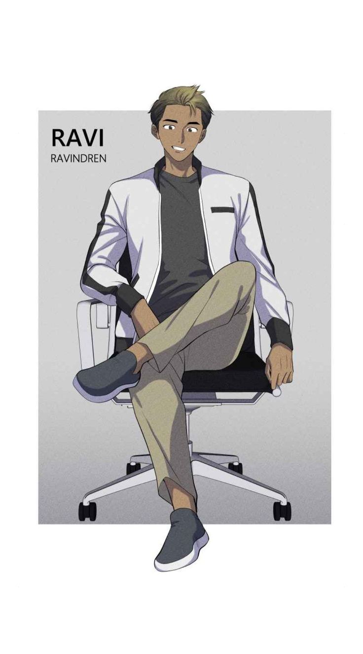 a man sitting on top of a chair in front of a white background with the words ravi