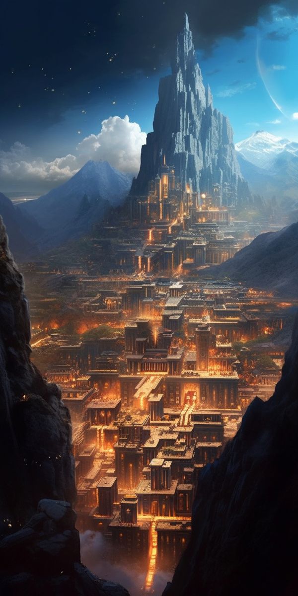 a futuristic city in the middle of a mountain range with mountains and buildings on it