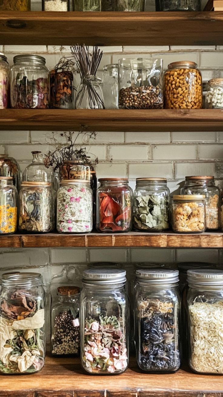 shelves filled with various types of spices and herbs in glass jars on top of wooden shelves