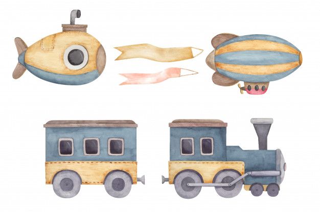 a watercolor drawing of a train with fish and balloon on the front, an airplane in the back