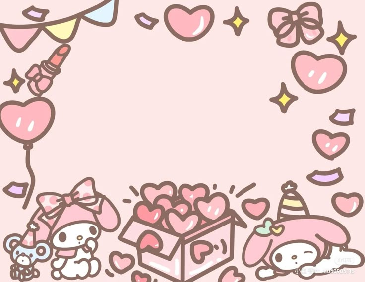 the hello kitty wallpaper is pink and has balloons, hearts, and other decorations