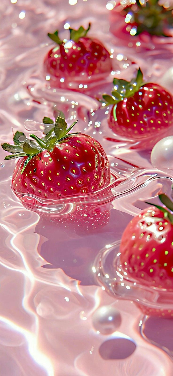 three strawberries floating in water on top of each other with bubbles and drops around them