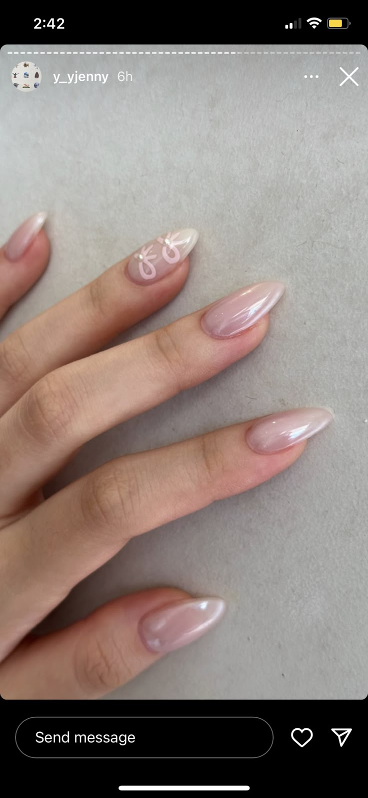 Color One Tattoo, Blush Nails With French Tip, Nail Gel X Designs, Chrome Nails With Bow, Korean Gel Nails Simple, Korean French Tip Nails, Pretty Elegant Nails, Couqutte Nails, Coquette Nails Almond