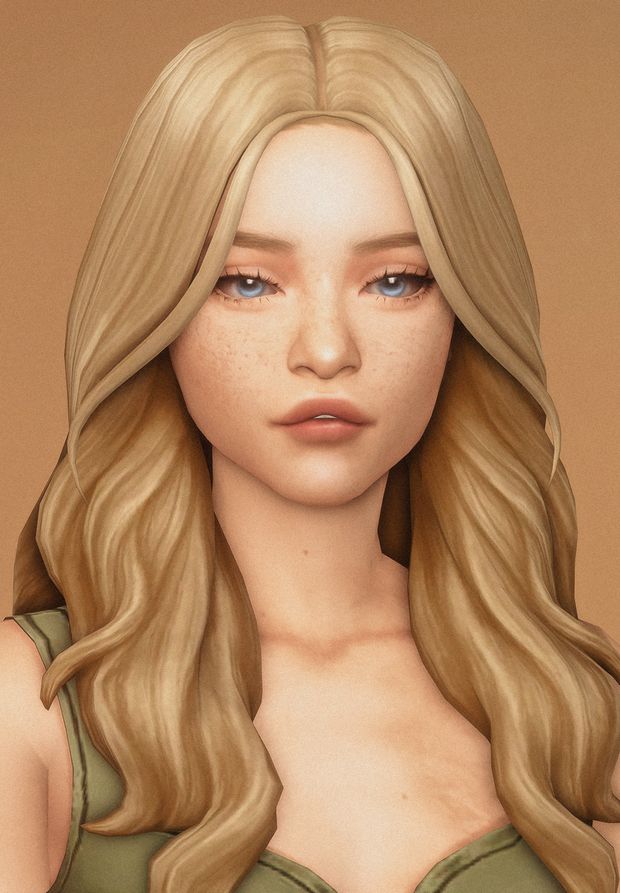 a digital painting of a woman with long blonde hair and blue eyes wearing a green top