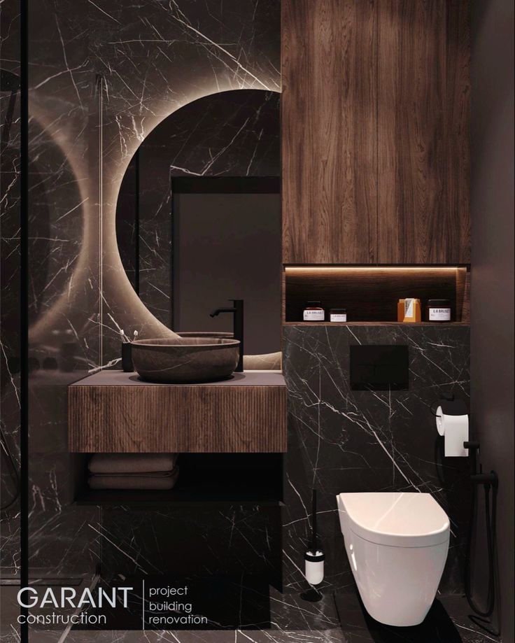 a modern bathroom with marble walls and flooring